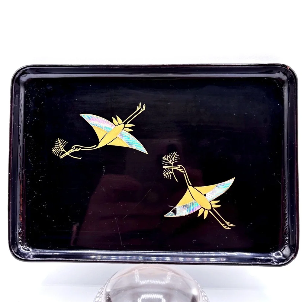 Zohiko Black Lacquer‎ Tray Gold Crane Japanese Mother of Pearl Inlay 6.75x4.5